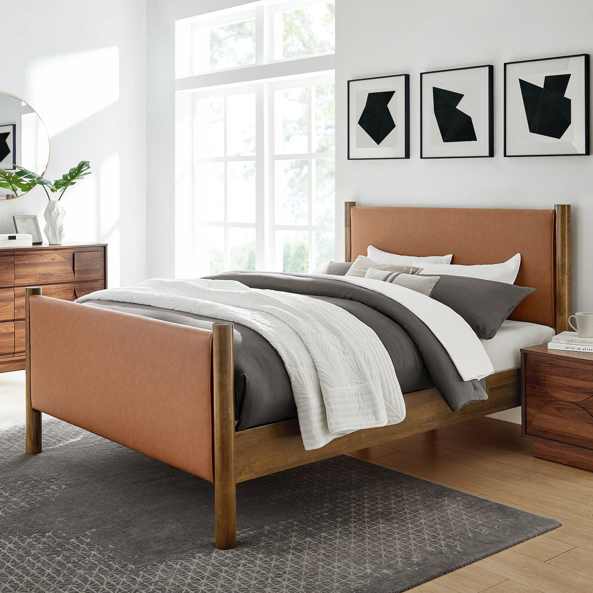 Maven king size vegan leather upholstered platform bed in warm tan with wooden legs on Tampa Home & Garden Store
