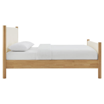 Maven Boucle Upholstered Platform Bed with natural wood frame and white bedding on Tampa Home & Garden Store