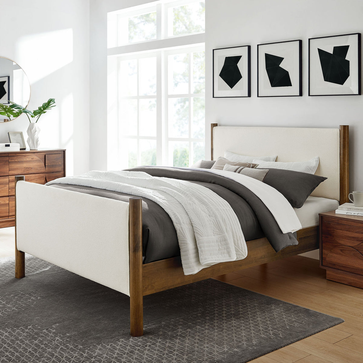 Maven Boucle Platform Bed by Modway beige boucle upholstery wood frame on gray rug on Tampa Home & Garden Store