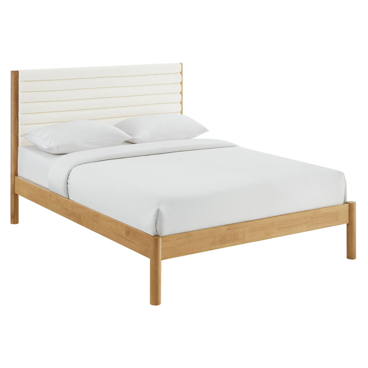 Olea Channel Tufted Boucle Platform Bed with light wood frame and white bedding HouseOfZazla on Tampa Home & Garden Store