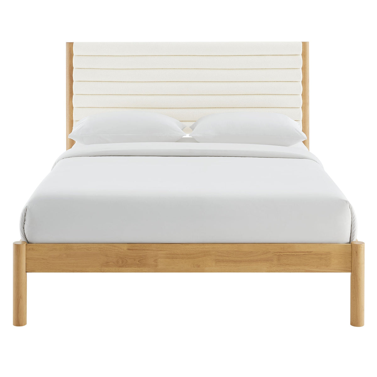 Olea Channel Tufted Boucle Platform Bed with cream headboard and natural wood frame on Tampa Home & Garden Store