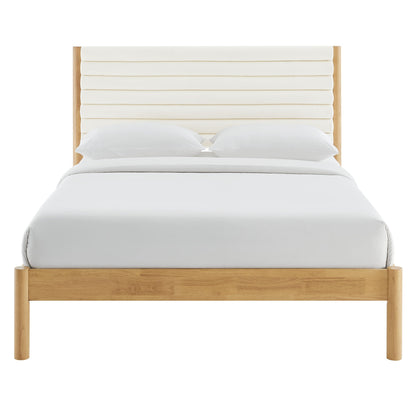 Olea Channel Tufted Boucle Platform Bed with cream headboard and natural wood frame on Tampa Home & Garden Store
