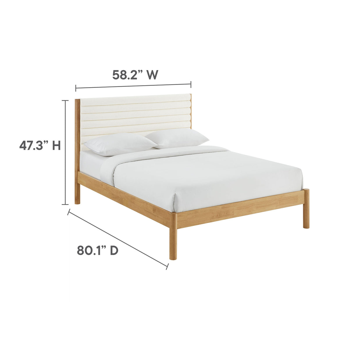Olea Channel Tufted Boucle Platform Bed natural solid wood frame with cream headboard 58.2in W on Tampa Home & Garden Store