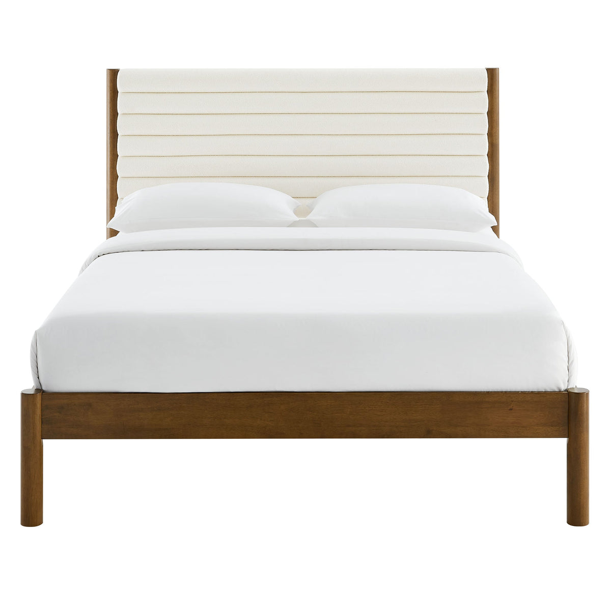 Olea Channel Tufted Boucle Solid Wood Platform Bed by Modway, cream headboard and wood posts on Tampa Home & Garden Store