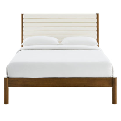 Olea Channel Tufted Boucle Solid Wood Platform Bed by Modway, cream headboard and wood posts on Tampa Home & Garden Store