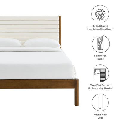 Olea Channel Tufted Boucle Platform Bed with upholstered headboard and solid wood frame on Tampa Home & Garden Store