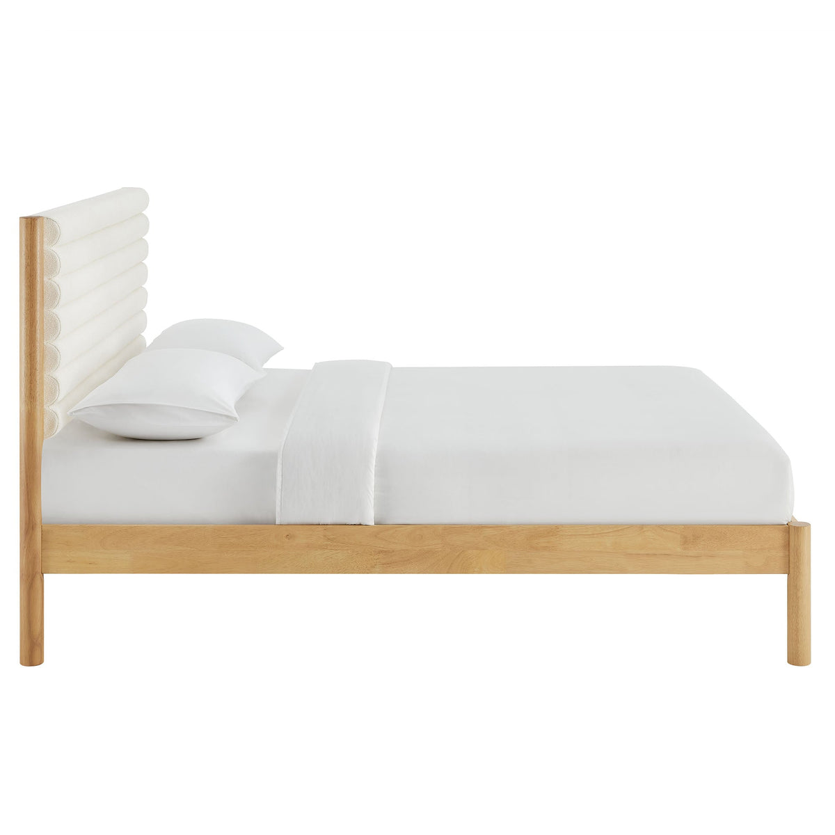 Olea Channel Tufted Boucle Solid Wood Platform Bed by Modway natural wood frame white linens on Tampa Home & Garden Store