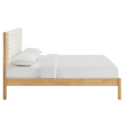 Olea Channel Tufted Boucle Solid Wood Platform Bed by Modway natural wood frame white linens on Tampa Home & Garden Store