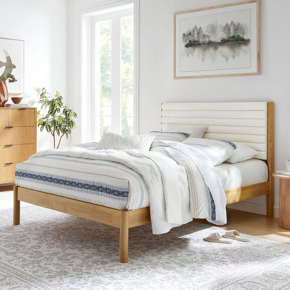 Olea Channel Tufted Boucle Platform Bed with cream headboard and wood frame by Modway on Tampa Home & Garden Store