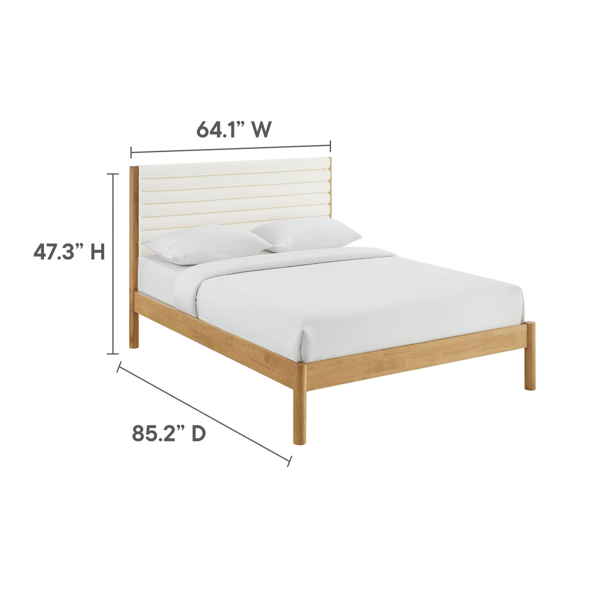 Olea Channel Tufted Boucle solid wood platform bed with cream headboard and natural wood frame on Tampa Home & Garden Store