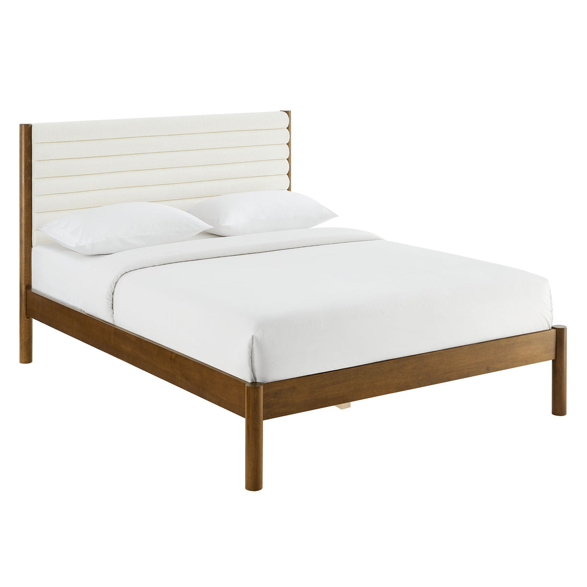 Olea Channel Tufted Boucle Platform Bed with white upholstered headboard and solid wood frame on Tampa Home & Garden Store