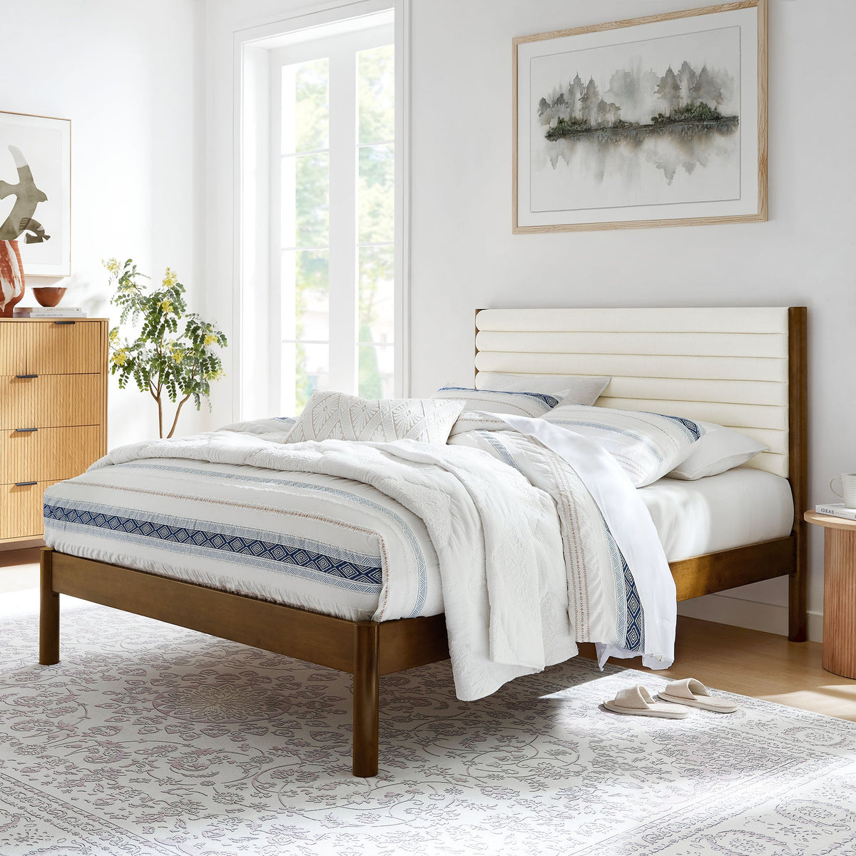 Olea Boucle solid wood platform bed by Modway with white headboard in bright bedroom on Tampa Home & Garden Store