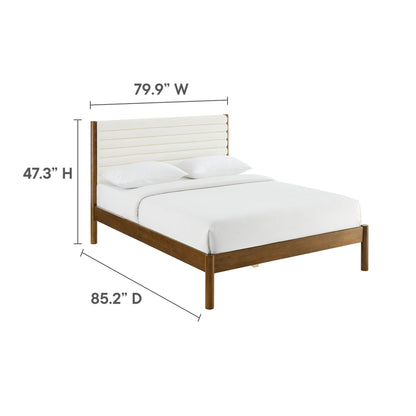 Olea Channel Tufted Boucle Platform Bed with white boucle headboard and natural wood frame on Tampa Home & Garden Store