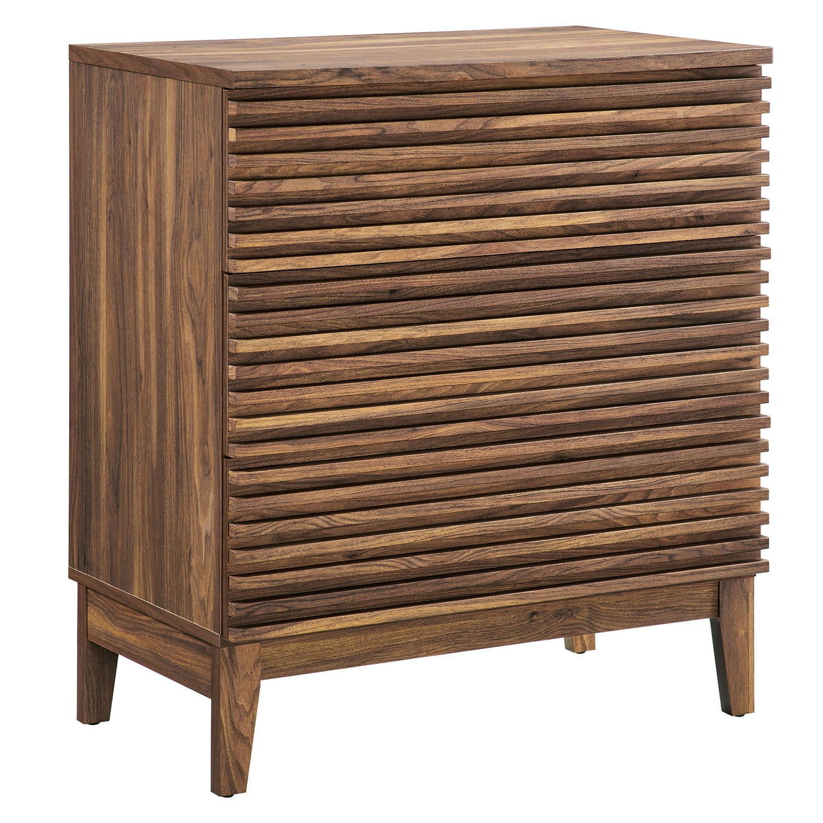 Render Large 3-Drawer Nightstand with slatted front in dark walnut finish and tapered legs on Tampa Home & Garden Store
