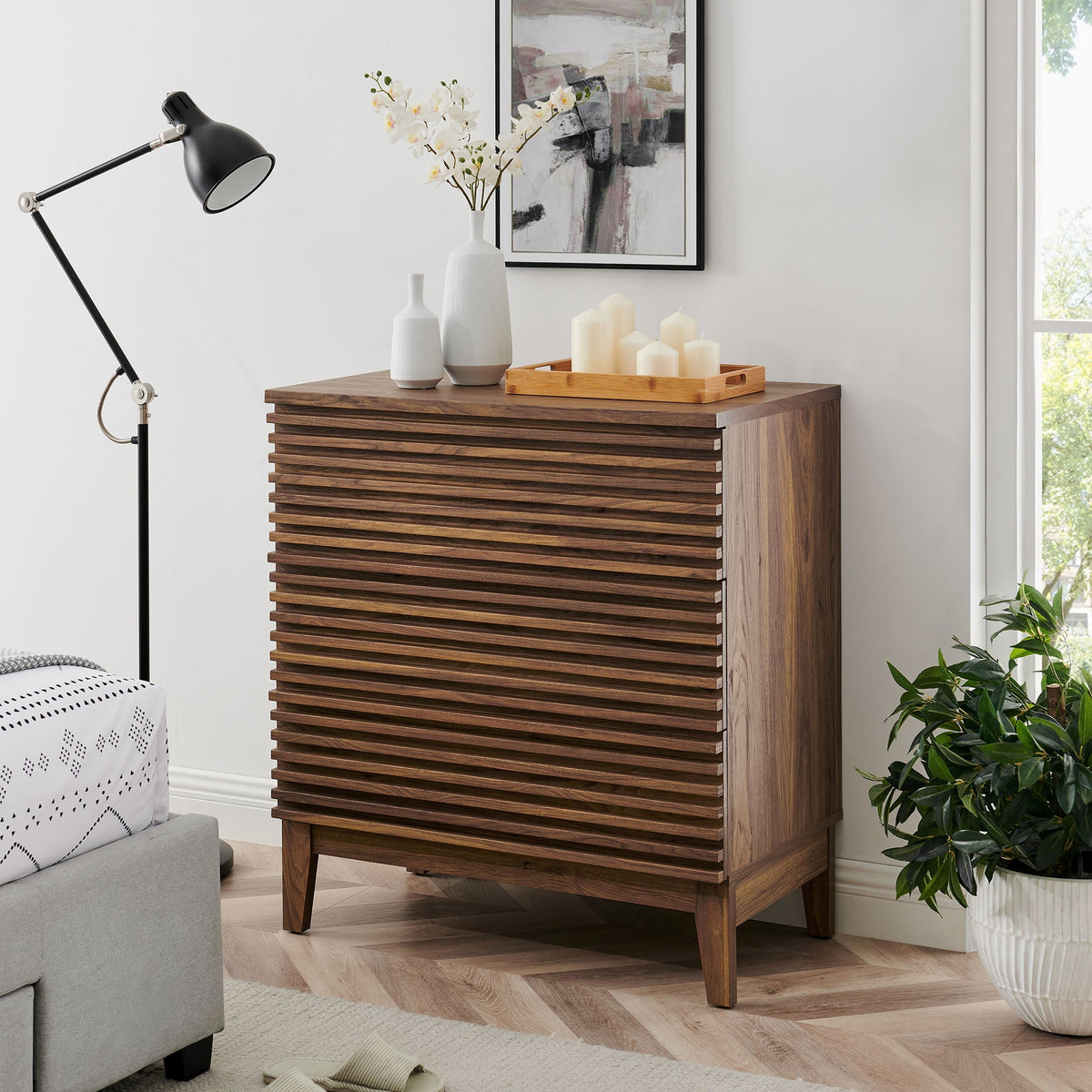 Render Large 3-Drawer Nightstand by Modway in dark walnut wood with slatted fronts on Tampa Home & Garden Store