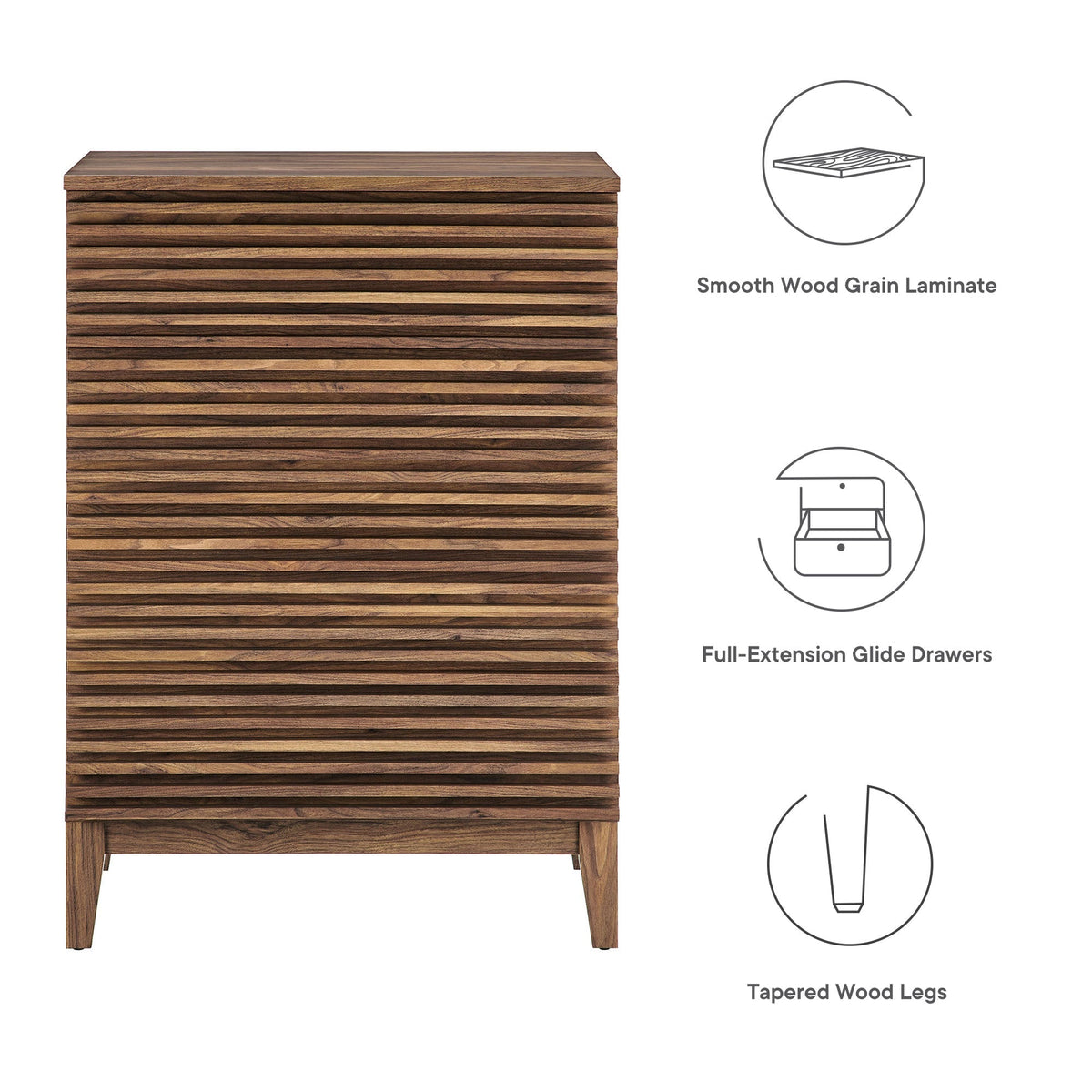 Render 4-Drawer Chest by Modway in walnut wood grain laminate with tapered wood legs on Tampa Home & Garden Store