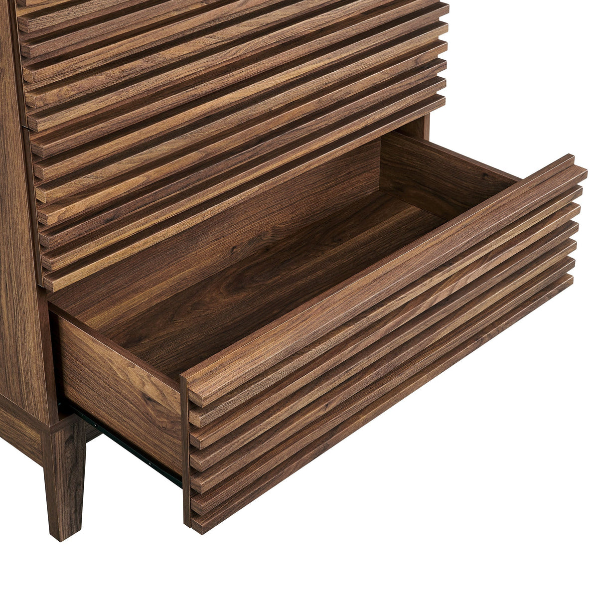 Render 5-drawer chest in dark wood with grooved slatted fronts on Tampa Home & Garden Store