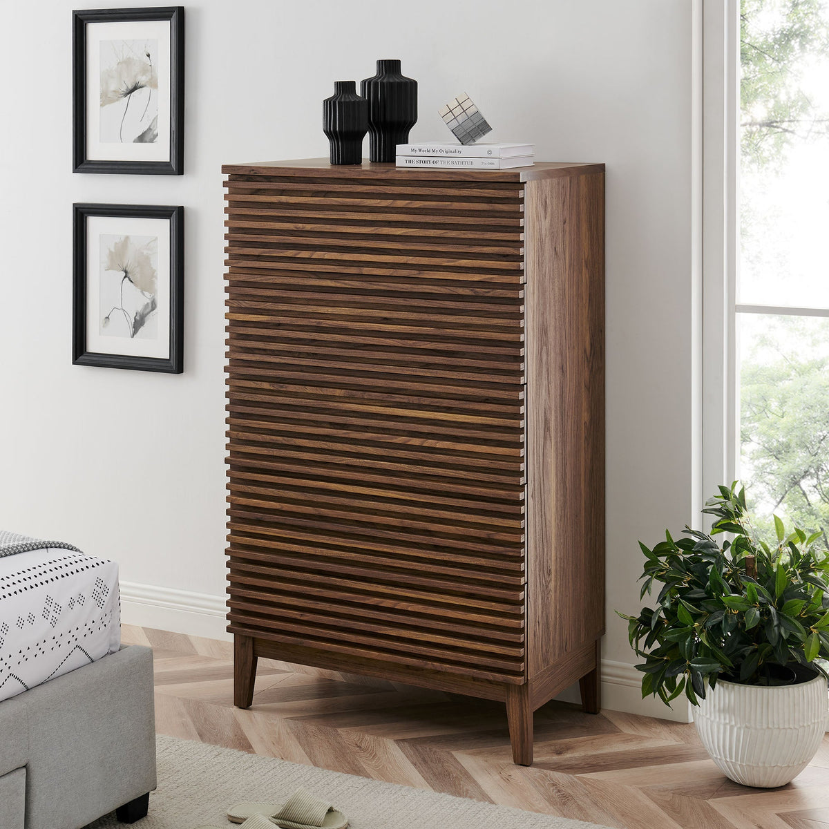 Render 5-drawer chest dresser by Modway in dark walnut wood with grooved slatted fronts on Tampa Home & Garden Store