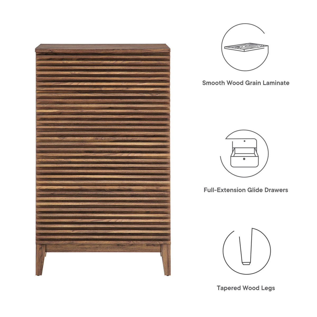 Render 5-Drawer Chest wooden dresser with slat front in warm brown laminate, tapered legs on Tampa Home & Garden Store