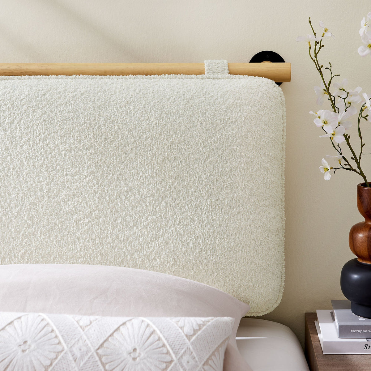 Anela wall-mounted chenille upholstered headboard in cream with natural wood rail on Tampa Home & Garden Store
