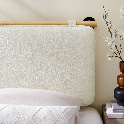 Anela wall-mounted chenille upholstered headboard in cream with natural wood rail on Tampa Home & Garden Store