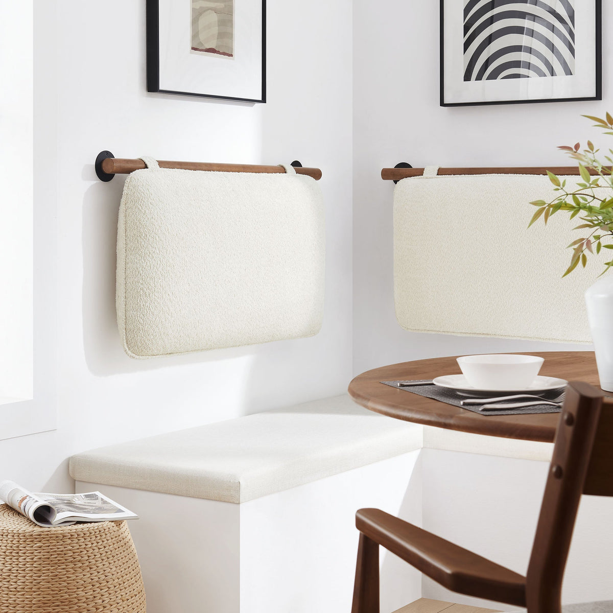 Anela wall-mounted chenille upholstered headboard set, cream color, two units by HouseOfZazla with wood rails and black mounts on white wall on Tampa Home & Garden Store