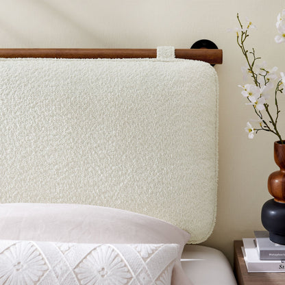 Anela wall-mounted chenille upholstered headboard in cream with dark wood mounting rod on Tampa Home & Garden Store