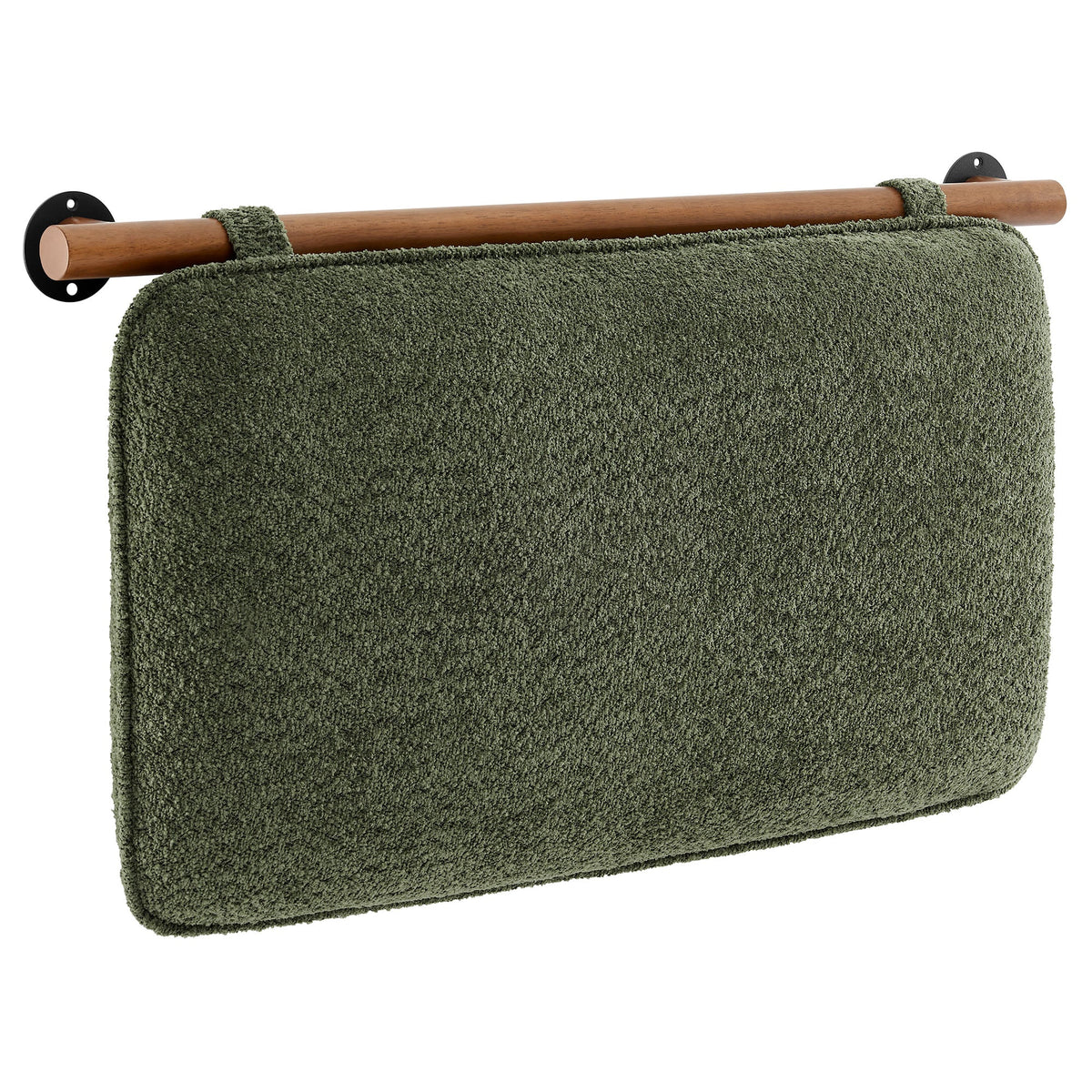 Anela wall-mounted chenille upholstered headboard in olive green with a wooden rail on Tampa Home & Garden Store