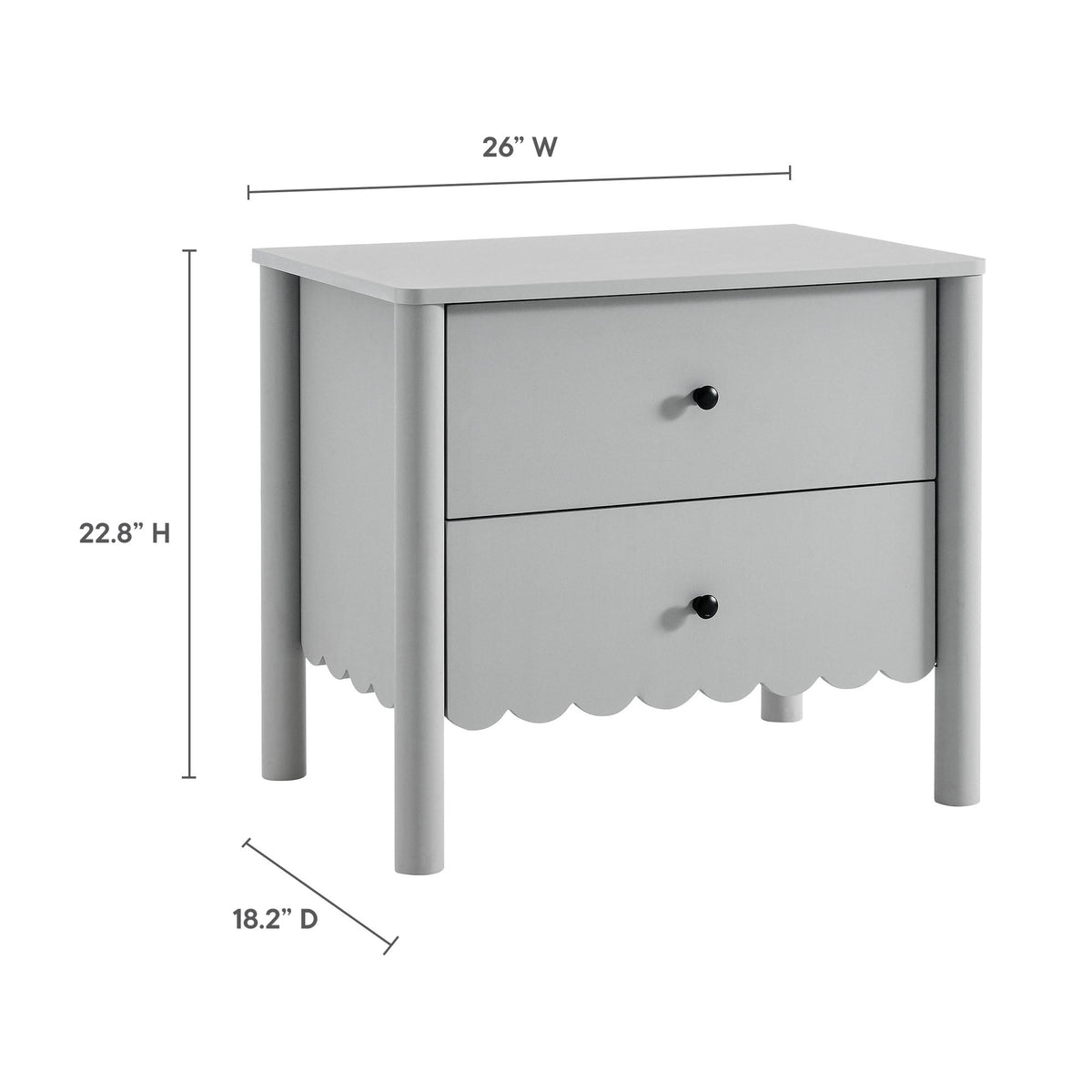 Emmeline scalloped 2-drawer nightstand in gray with black knobs, HouseOfZazla on Tampa Home & Garden Store