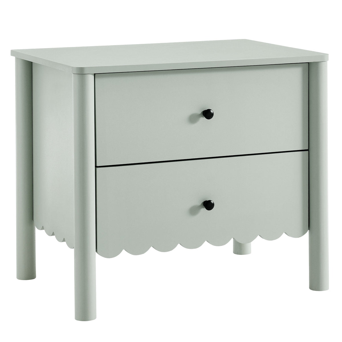Emmeline Scalloped 2-Drawer Nightstand in muted sage with black knobs and scalloped bottom edge on Tampa Home & Garden Store