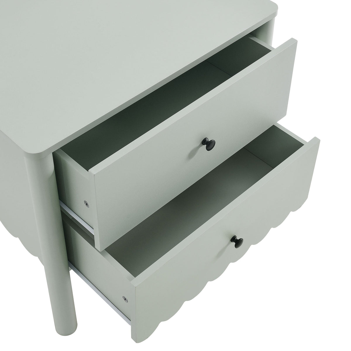 Emmeline scalloped 2-drawer nightstand in sage green with black knobs on Tampa Home & Garden Store