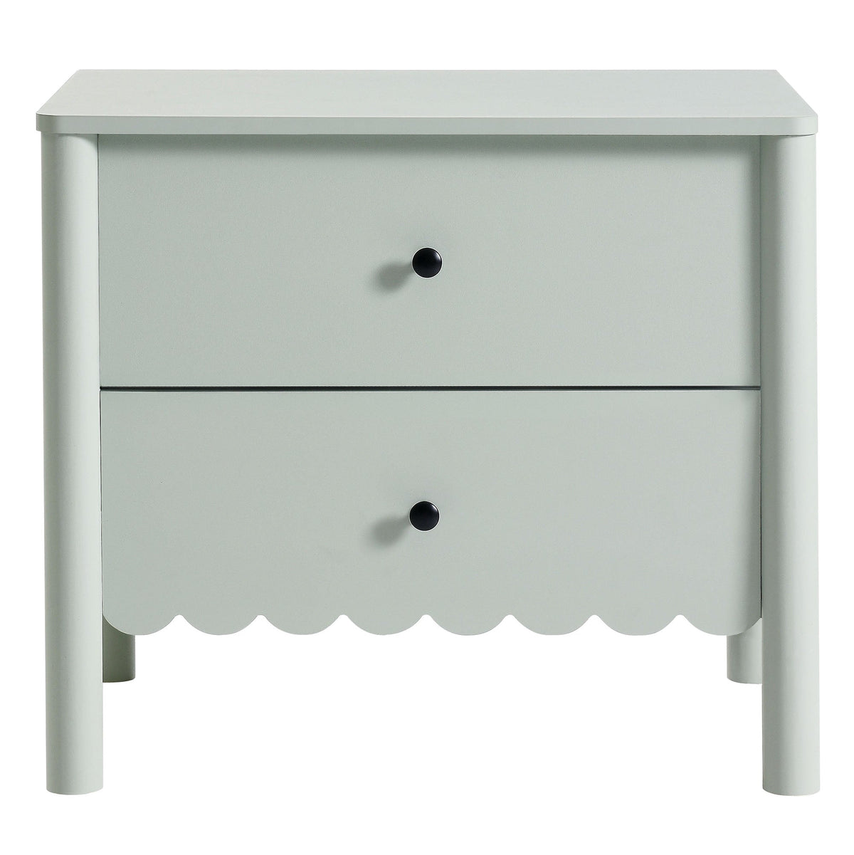 Emmeline Scalloped 2-Drawer Nightstand pale sage gray with black knobs and scalloped skirt on Tampa Home & Garden Store