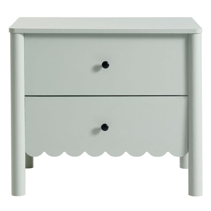 Emmeline Scalloped 2-Drawer Nightstand pale sage gray with black knobs and scalloped skirt on Tampa Home & Garden Store