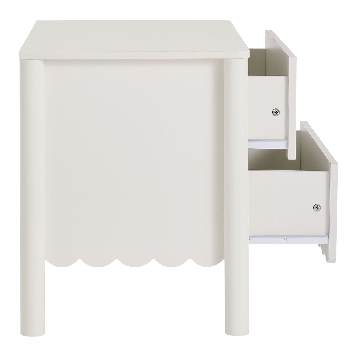Emmeline scalloped 2-drawer nightstand white finish with rounded legs and scalloped apron on Tampa Home & Garden Store