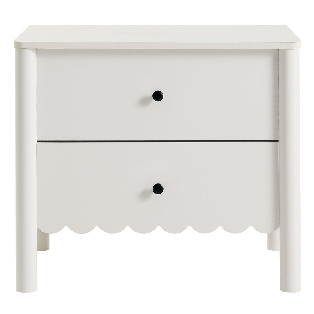 Emmeline Scalloped 2-Drawer Nightstand in white with black drawer knobs and scalloped apron on Tampa Home & Garden Store