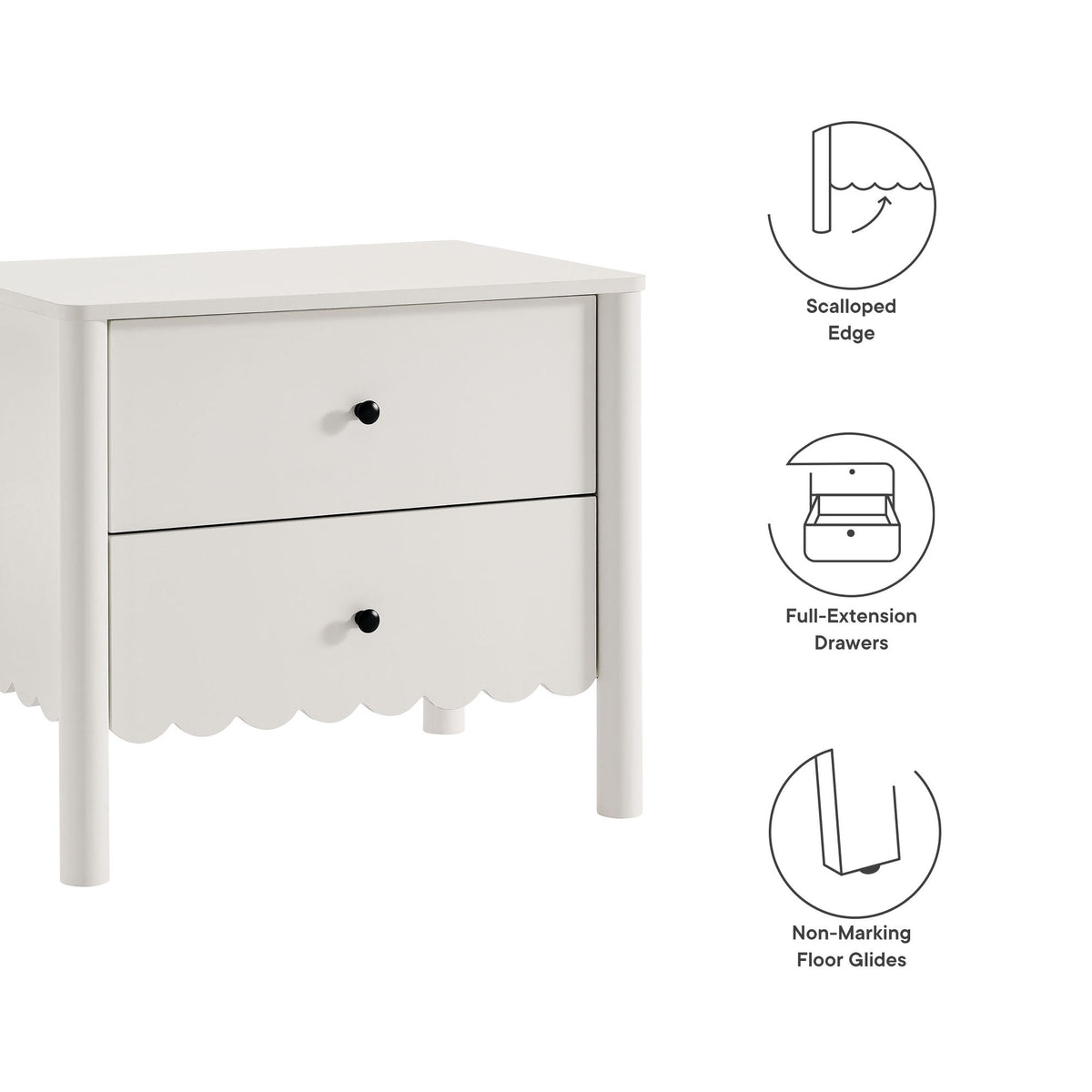 Emmeline Scalloped 2-Drawer Nightstand by Modway, white finish with scalloped edge and black knobs on Tampa Home & Garden Store