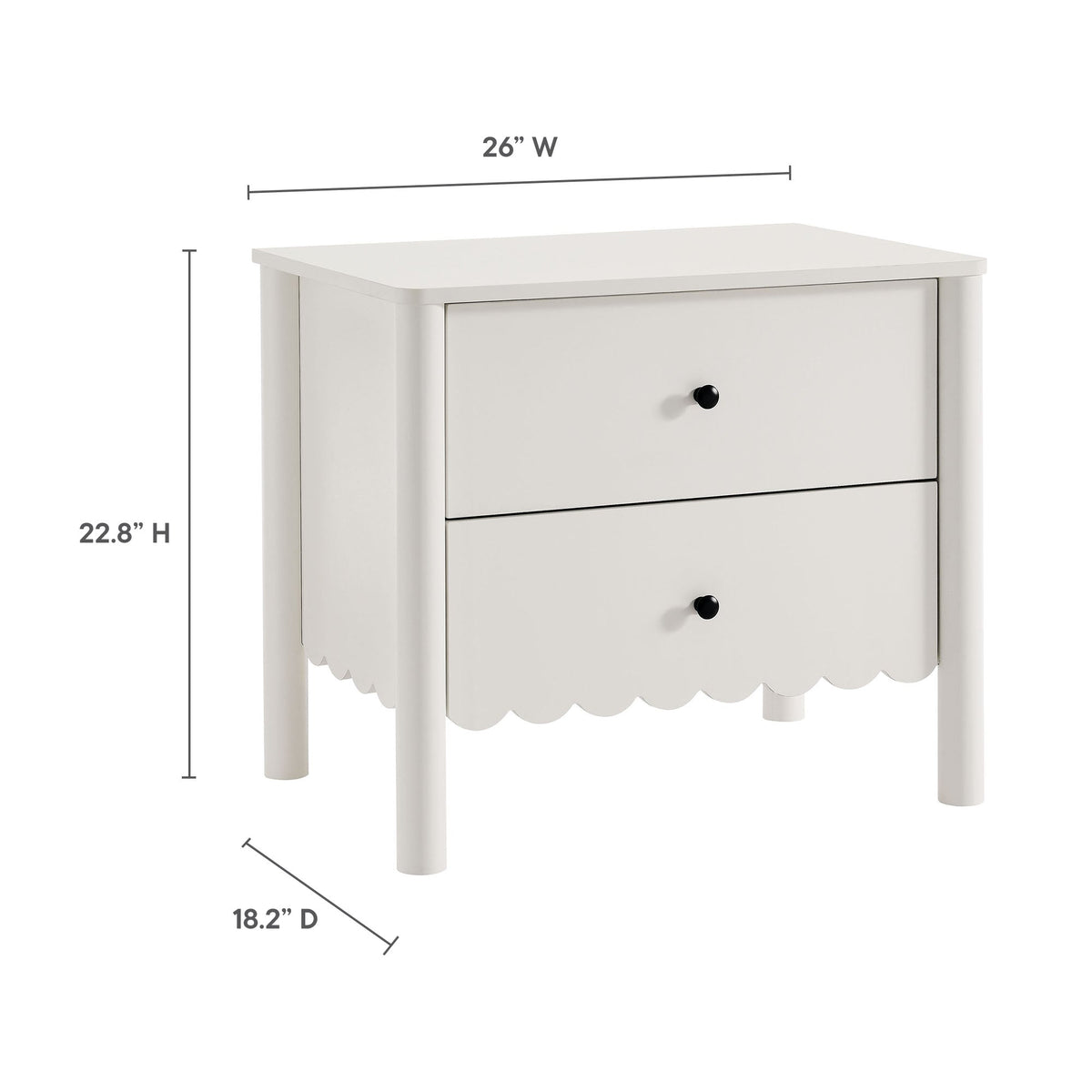 Nightstand Emmeline Scalloped 2-Drawer white, black knobs, 26W x 22.8H x 18.2D by HouseOfZazla on Tampa Home & Garden Store