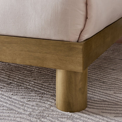 Runa Wood Platform Bed by Modway, light oak frame with beige upholstered panel on carpet on Tampa Home & Garden Store