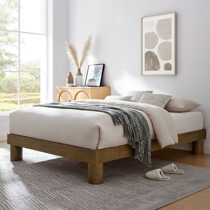Runa Wood Platform Bed by Modway, natural wood frame with beige bedding in a bright bedroom on Tampa Home & Garden Store