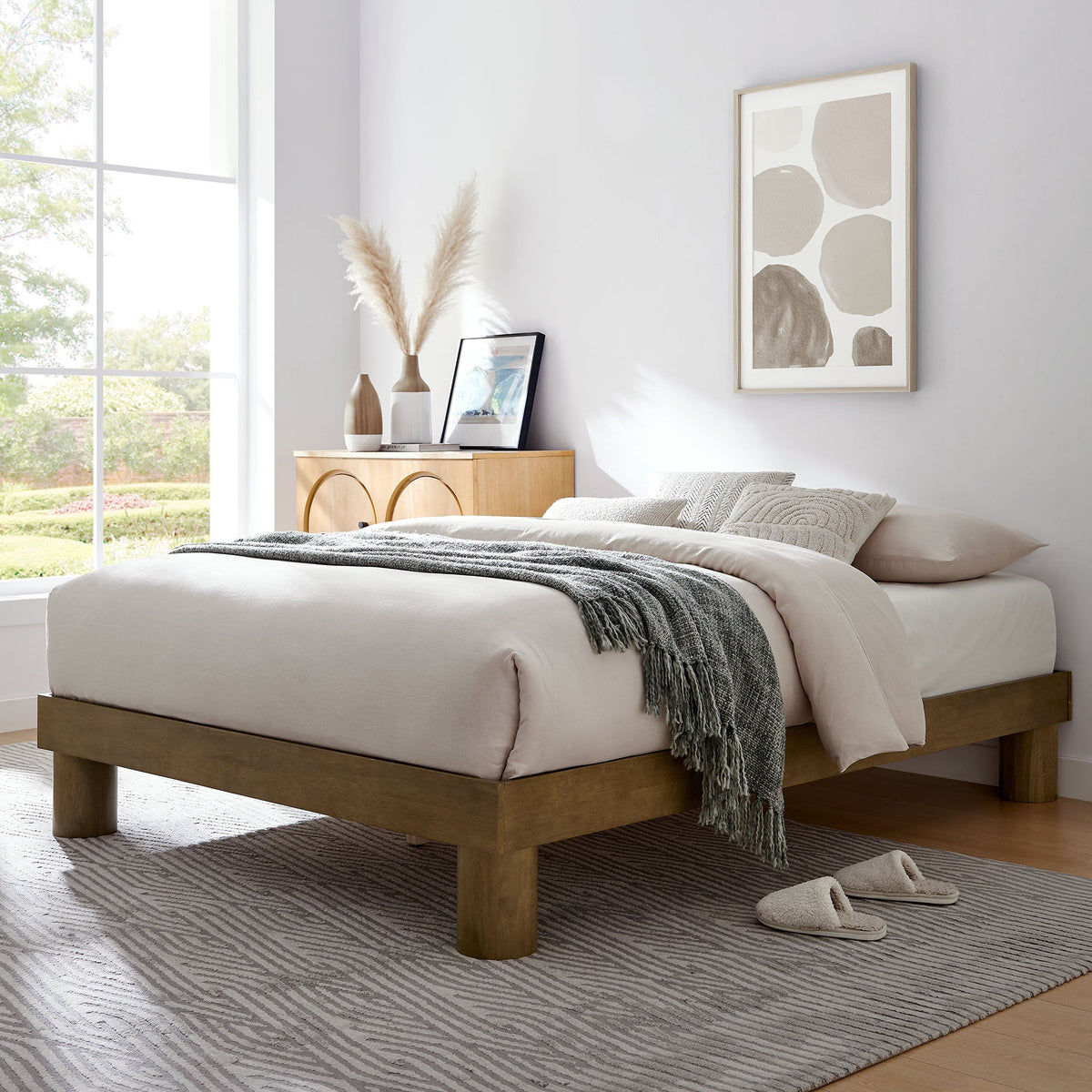 Runa Wood Platform Bed by Modway with a light wood frame and beige bedding on Tampa Home & Garden Store
