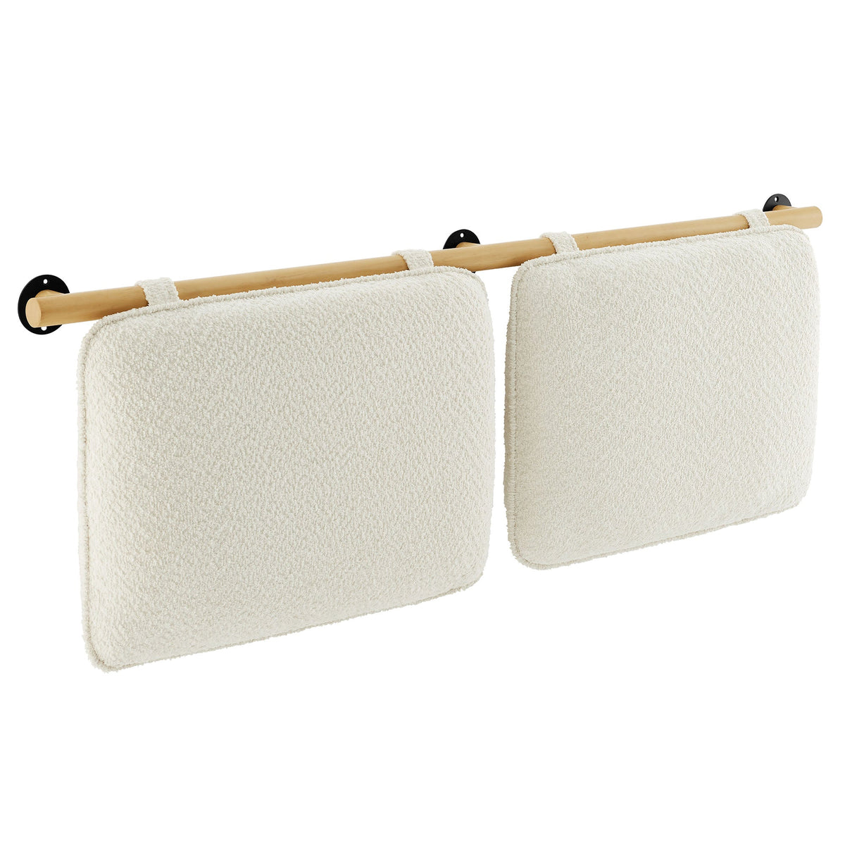 Wood towel bar with two cream chenille towels hanging from black circular wall mounts on Tampa Home & Garden Store