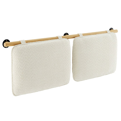 Wood towel bar with two cream chenille towels hanging from black circular wall mounts on Tampa Home & Garden Store