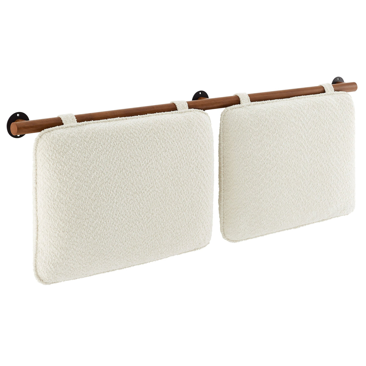 Towel bar with a wooden rod and cream chenille towels on black wall mounts on Tampa Home & Garden Store