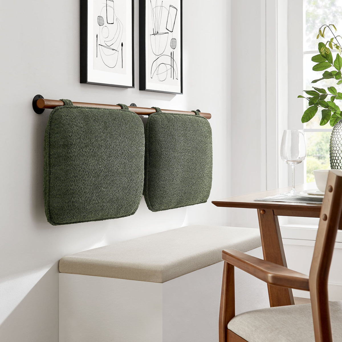Anela Wall-Mounted Chenille Upholstered Headboard with green towels on copper towel bar on Tampa Home & Garden Store