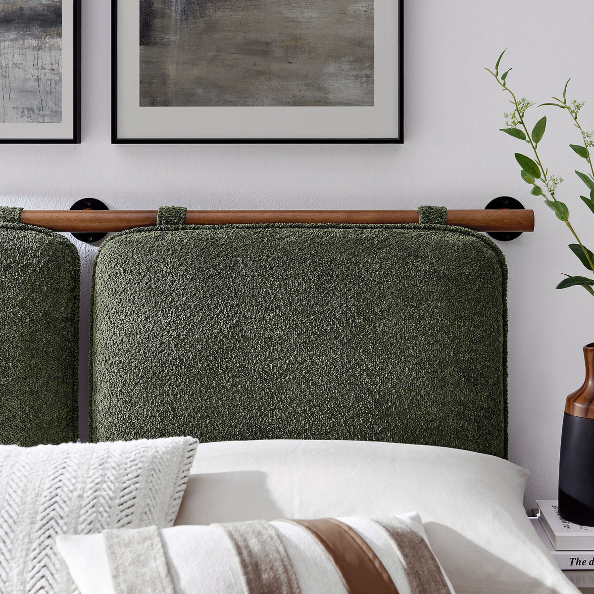 Pair of Anela wall-mounted chenille upholstered headboards in deep green textured fabric on Tampa Home & Garden Store