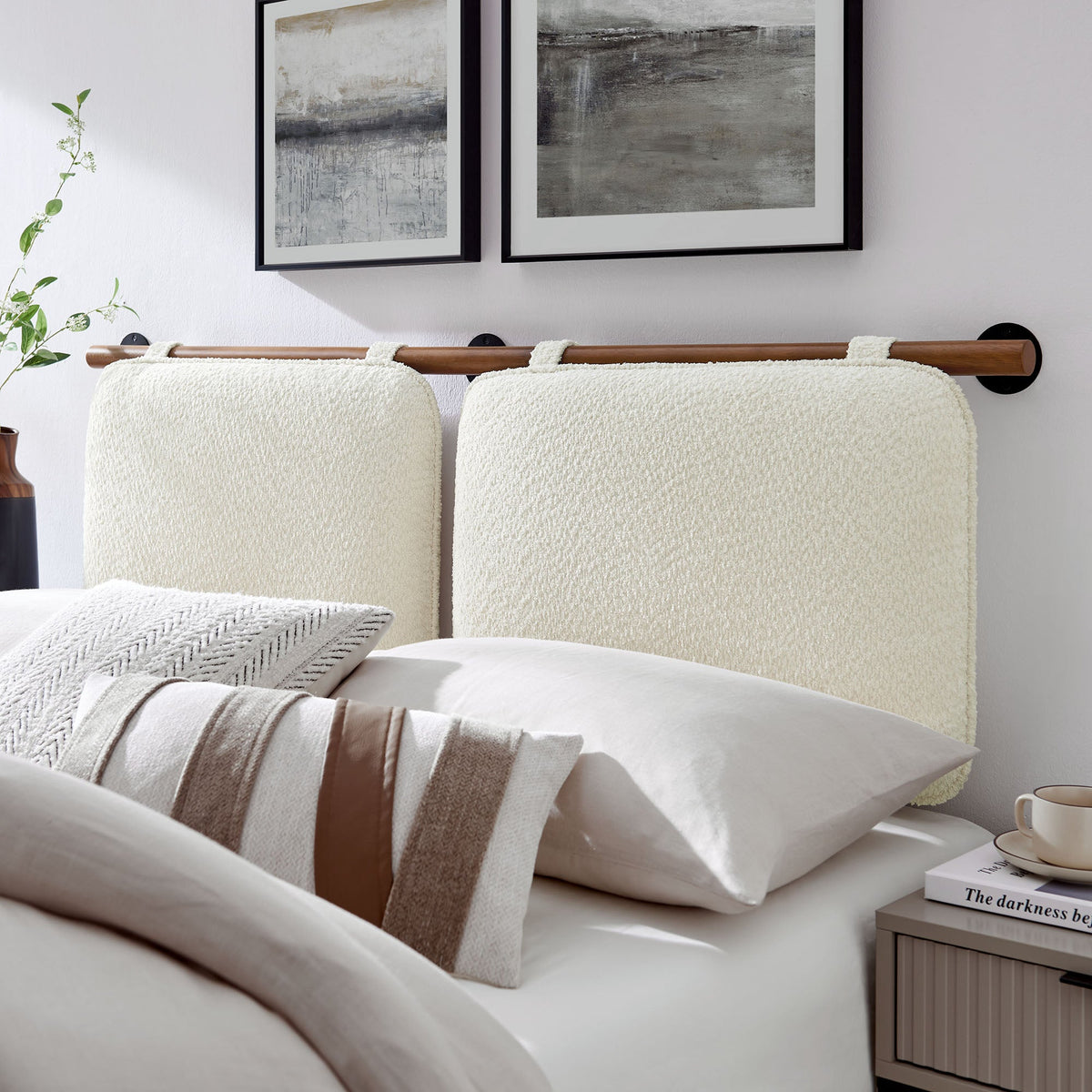 Pair of Anela wall-mounted chenille upholstered queen headboards in cream by Modway on Tampa Home & Garden Store