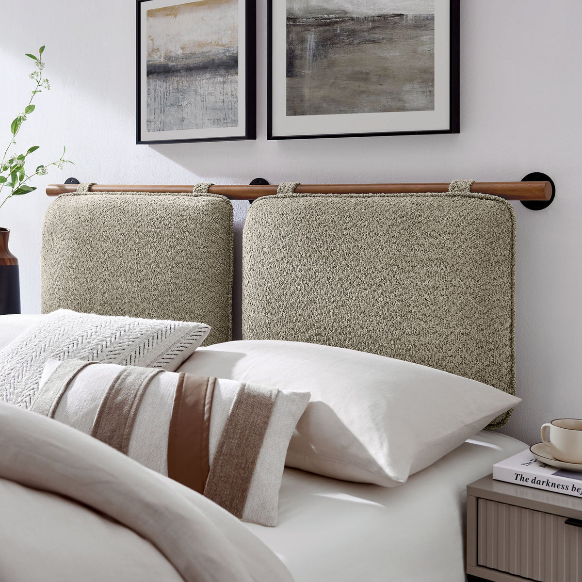 Anela wall-mounted chenille queen headboard pair, beige fabric with black mounting hardware on Tampa Home & Garden Store
