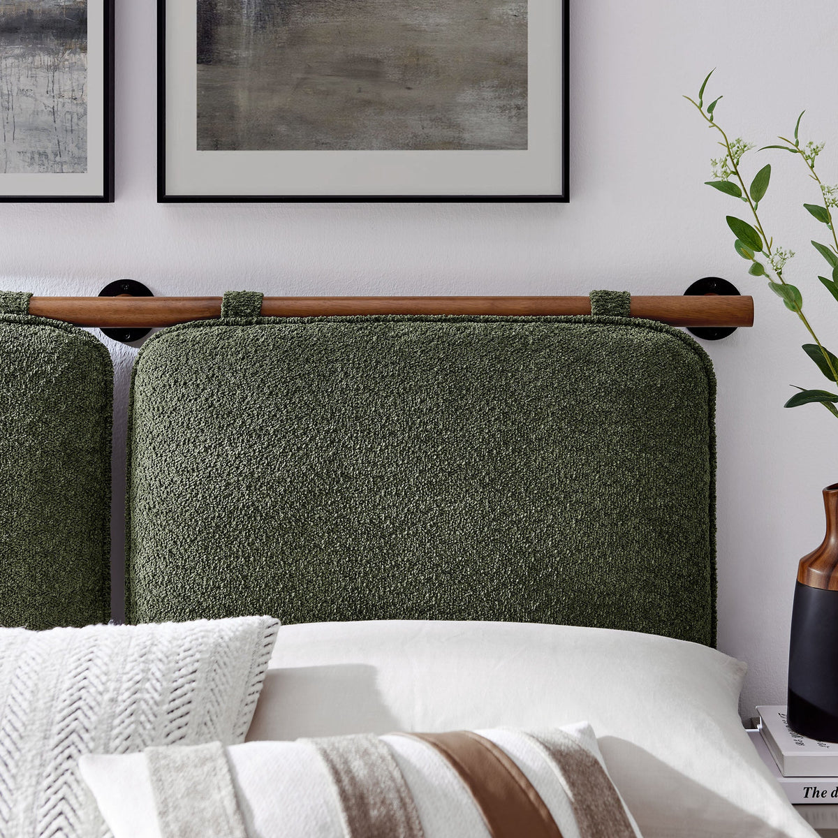 Pair of Anela wall-mounted chenille upholstered queen headboards in green by HouseOfZazla on Tampa Home & Garden Store