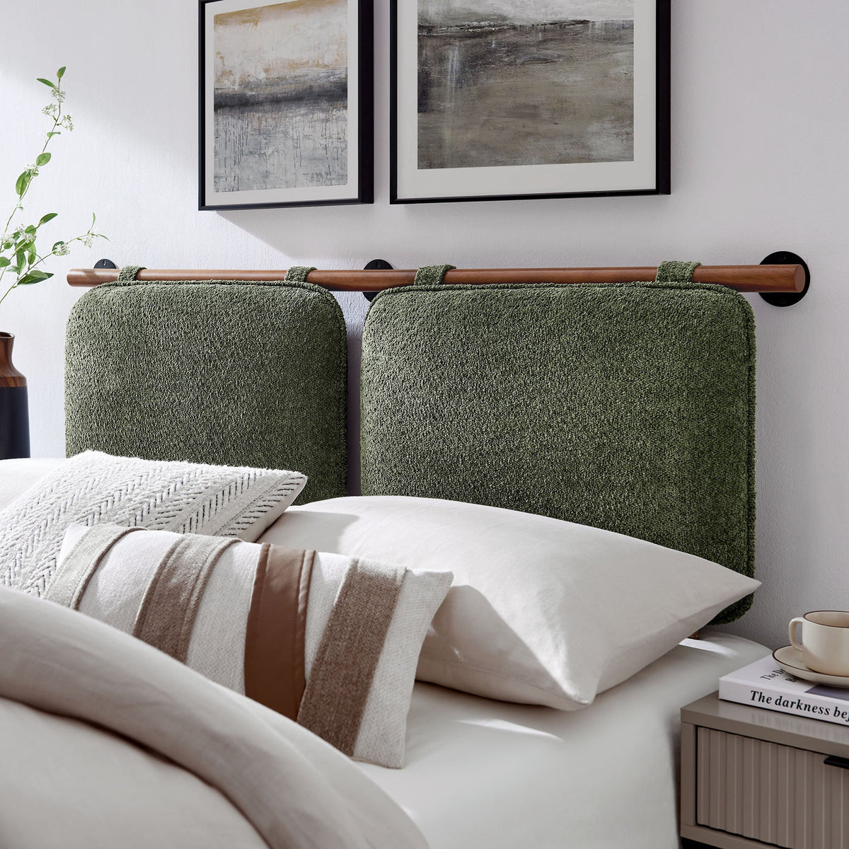 Anela wall-mounted chenille upholstered queen headboard in deep green with black mounts by Modway on Tampa Home & Garden Store