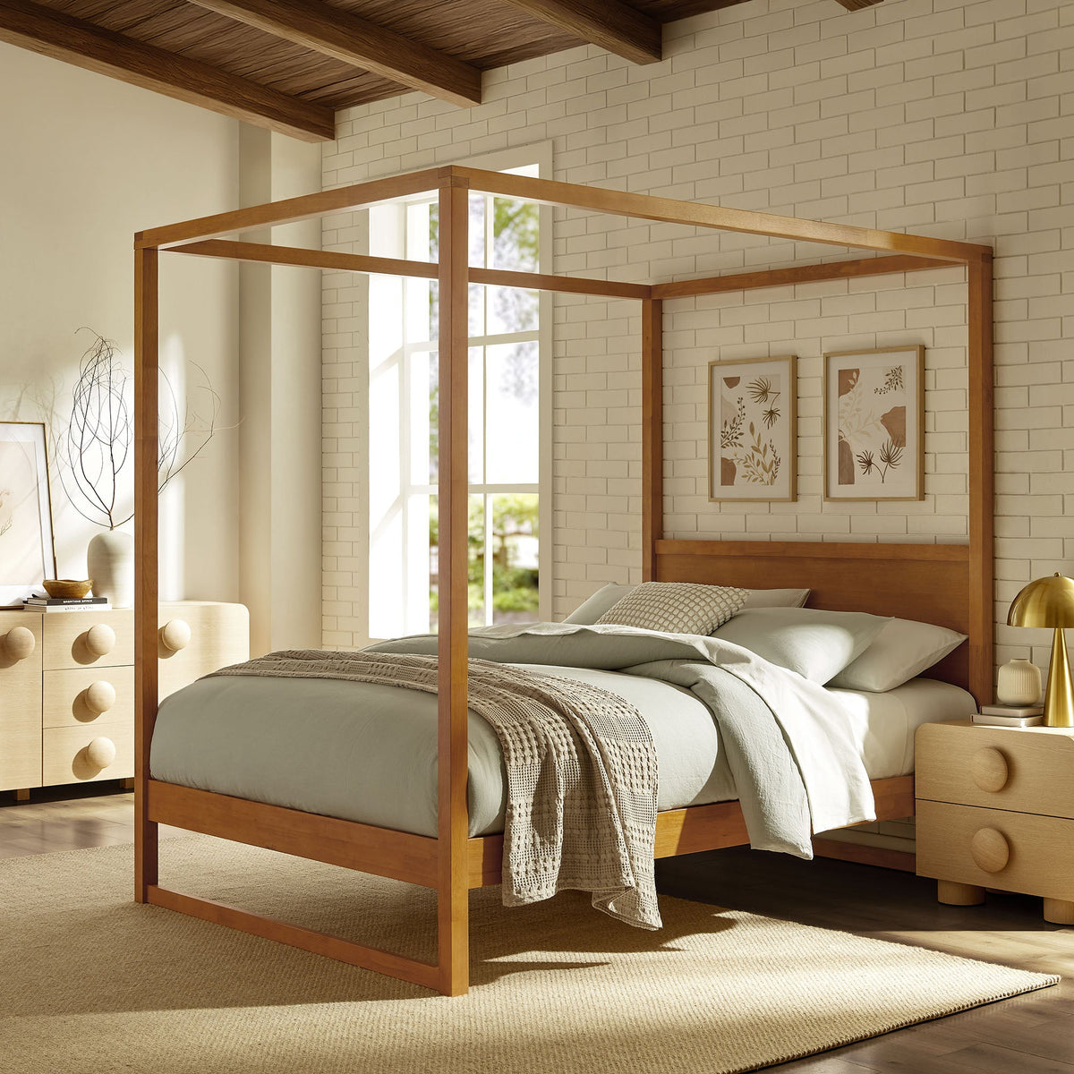 Alva King wood canopy bed frame in warm oak finish with a modern four-poster silhouette on Tampa Home & Garden Store